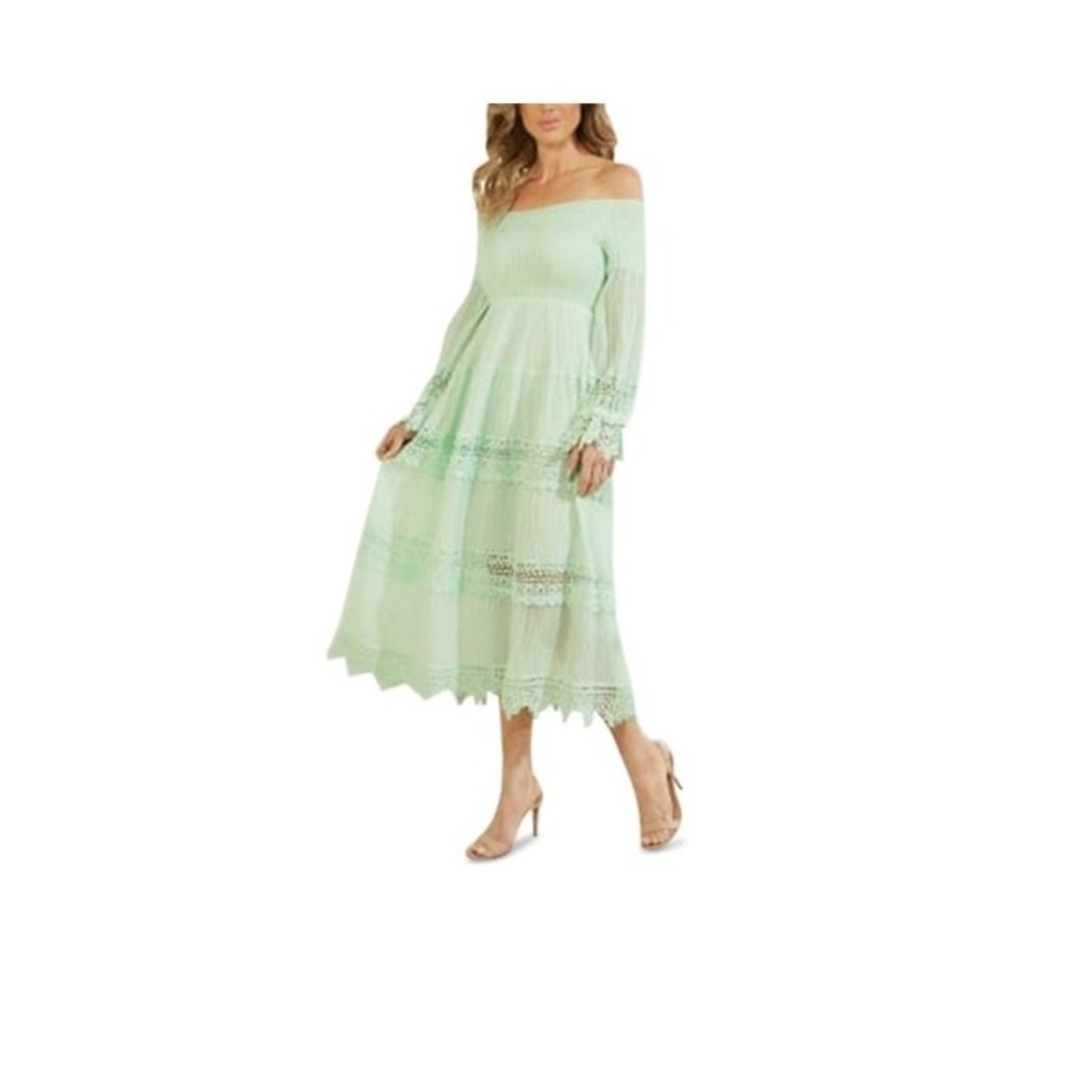 Guess Amberlee Lace-Trim Maxi Dress Aqua Breeze Off Shoulder Size S